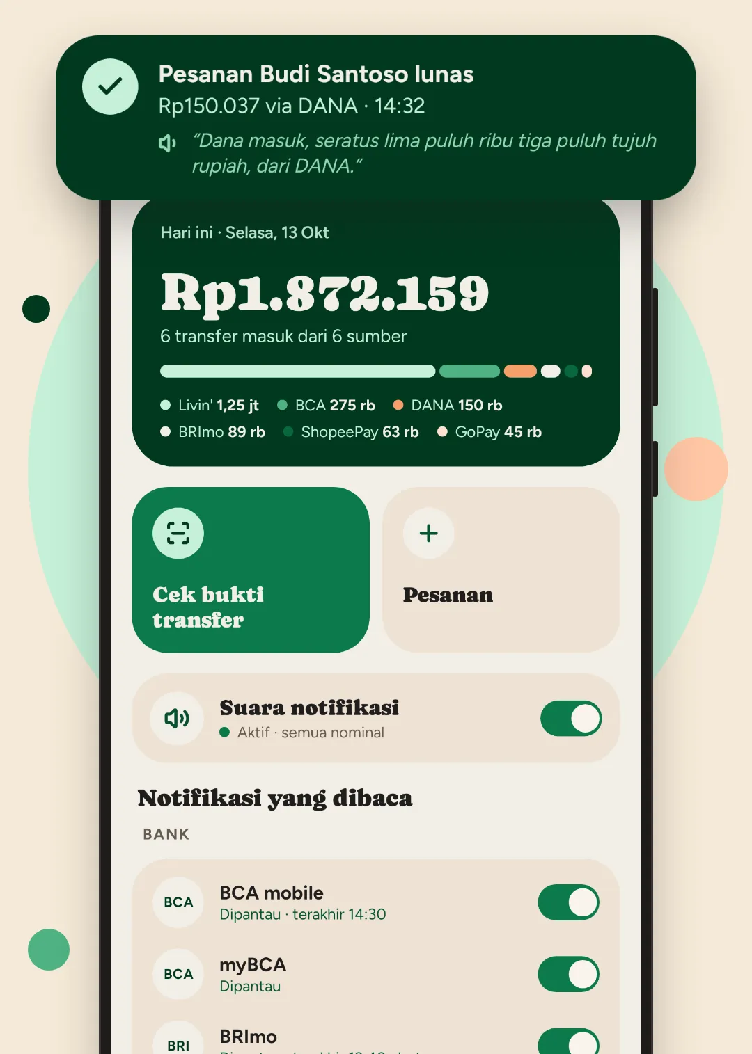 Kabar dana masuk yang dibacakan CekMasuk: Pesanan Budi Santoso lunas, Rp150.037 via DANA