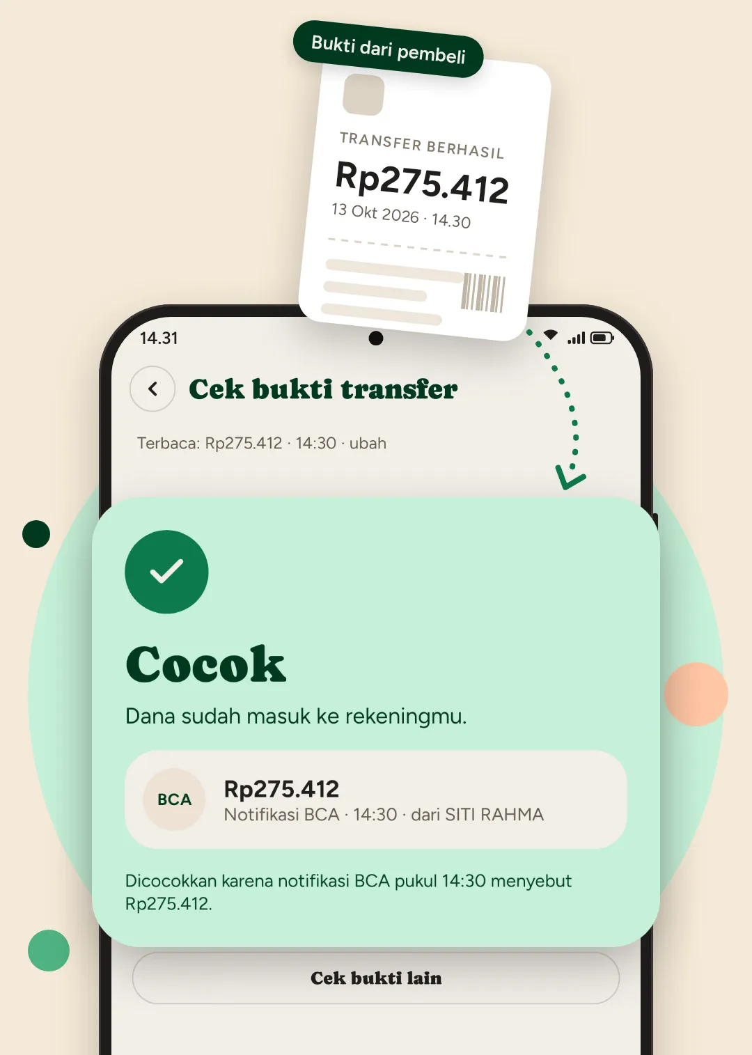 Hasil cek bukti transfer di CekMasuk: Cocok, dana Rp275.412 sudah masuk ke rekening
