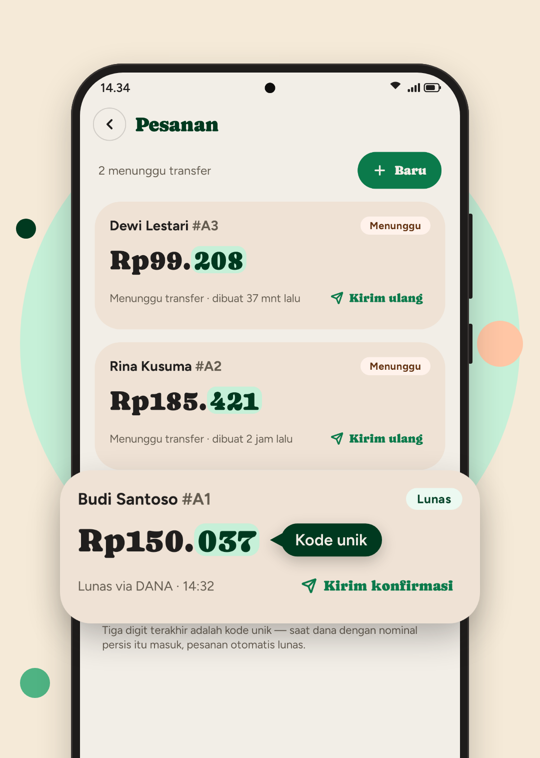 Daftar Pesanan di CekMasuk: pesanan Budi Santoso Rp150.037 sudah lunas via DANA, dua pesanan lain menunggu transfer, dengan tiga digit kode unik disorot