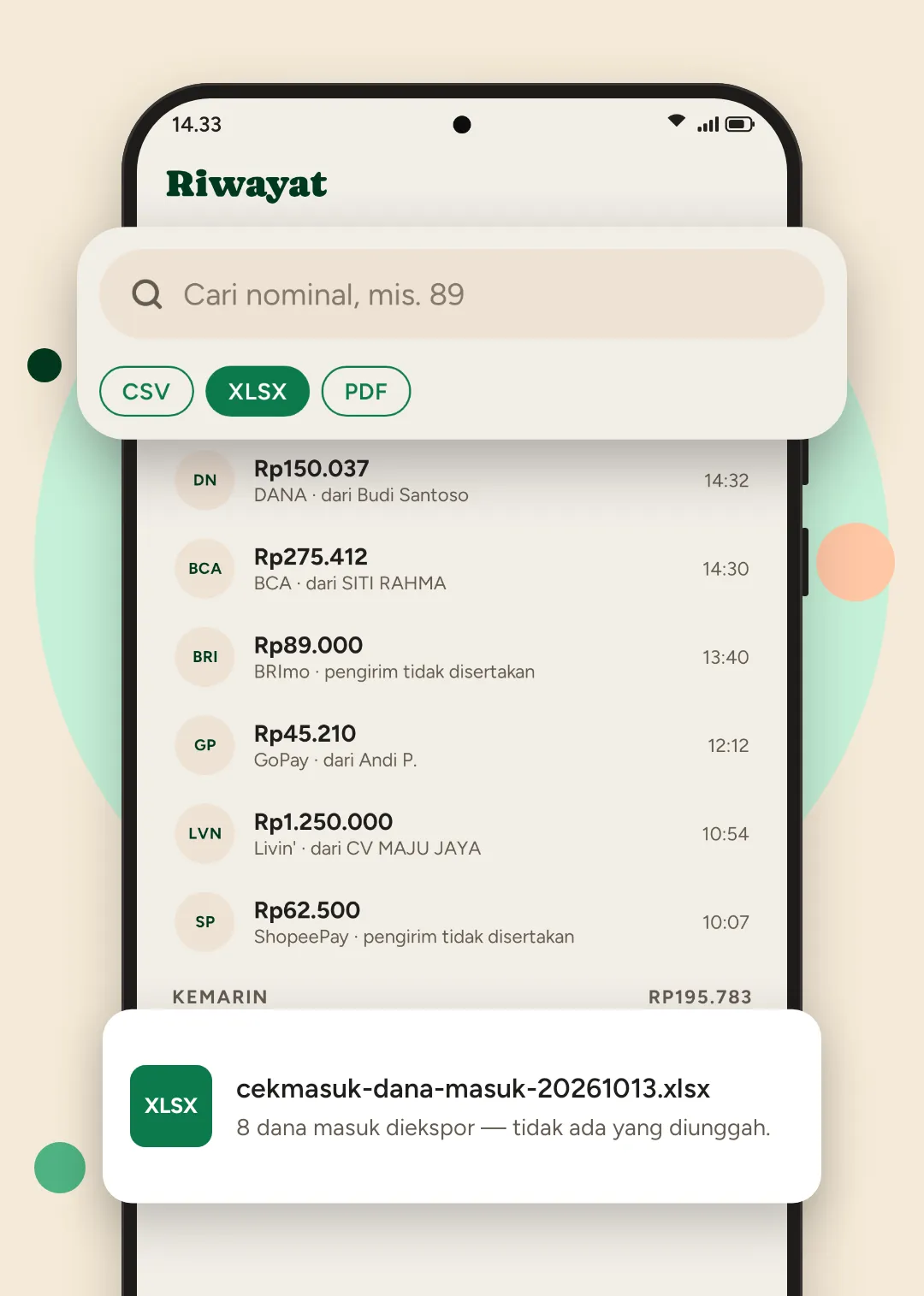 Riwayat dana masuk di CekMasuk dengan pencarian nominal dan tombol ekspor CSV, XLSX, dan PDF